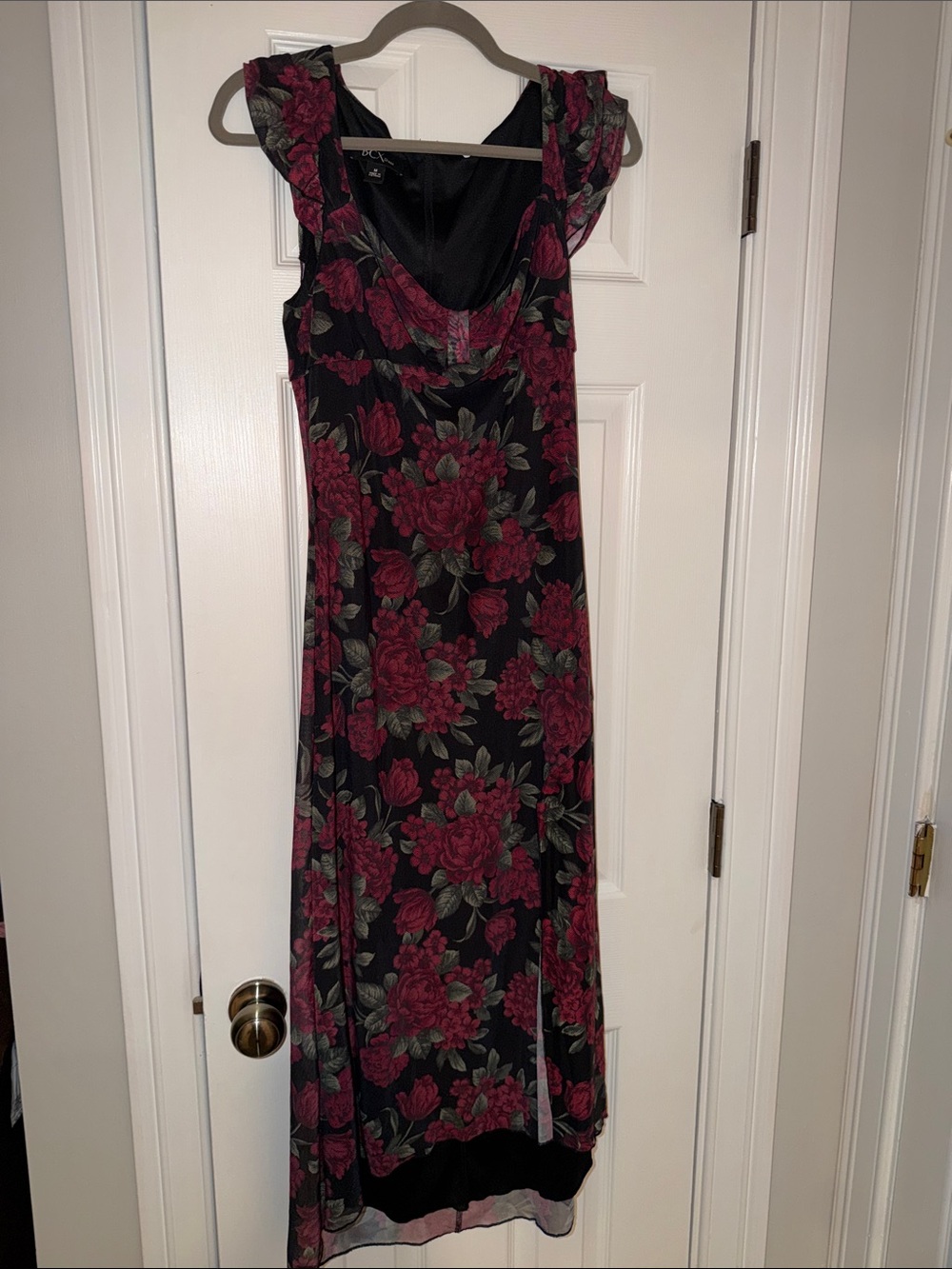 BCX Black Maxi Dress with Red Floral Print